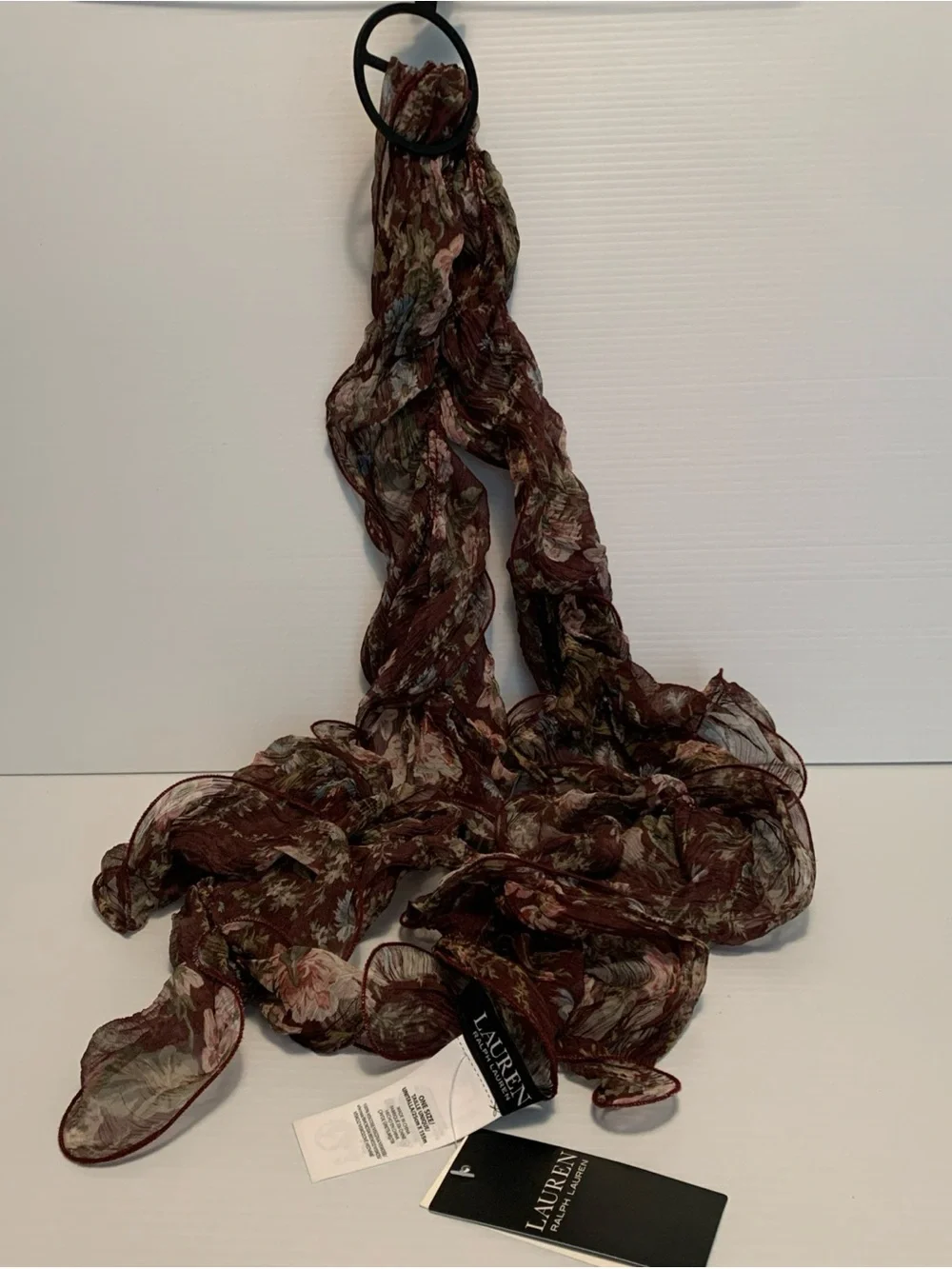 NWT Lauren Ralph Lauren Ruffle Scarf-Wine Burgundy Pinot Noir; 100% Viscose